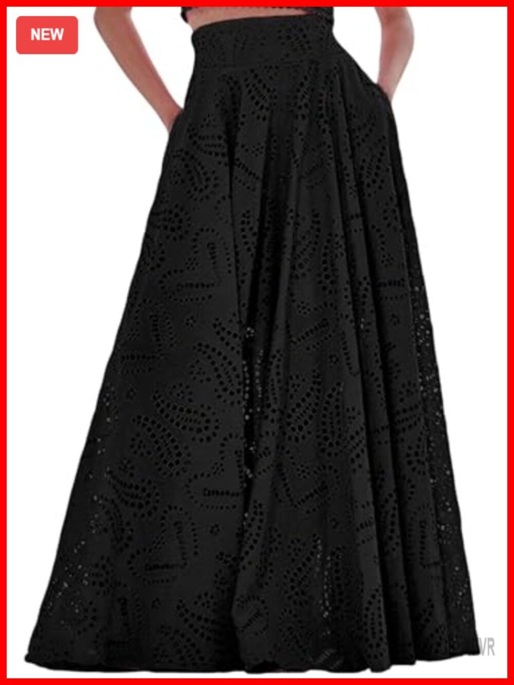 Women's Eyelet Embroidered Pleated Long Maxi Skirt High Waisted A-Line